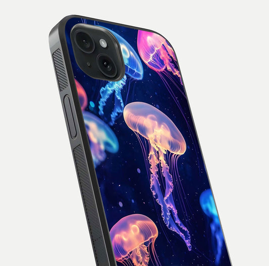 Jellyfish Pattern Glass Case for iPhone 15 Plus close-up angled shot showing translucent tentacles and light reflection