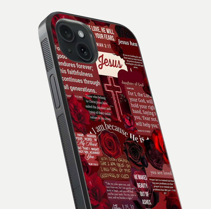 Jesus Love Heals Glass Case for iPhone 15 Plus close-up angled shot showing healing text, cross detailing, and reflection