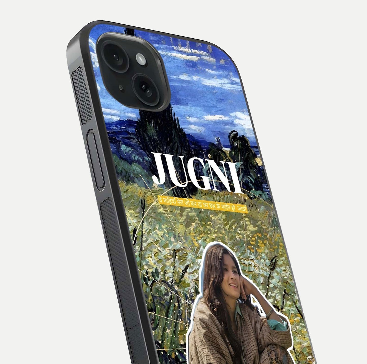 Jugni Soul Vibes Glass Case for iPhone 15 Plus close-up angled shot showing typography detail and vibrant gloss reflection