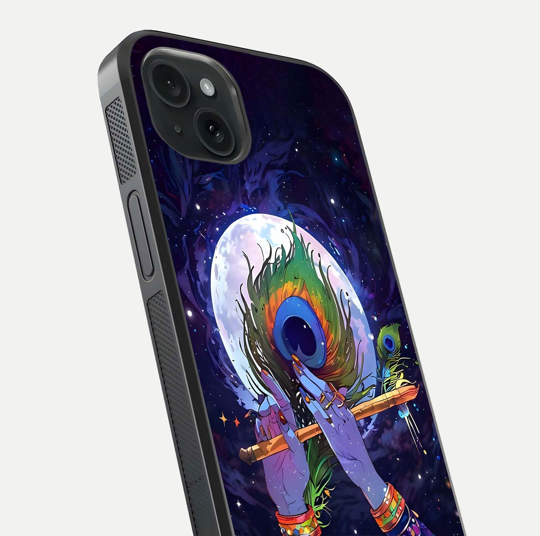 Krishna Hands Art Glass Case for iPhone 15 Plus close-up angled shot showing detailed hand design and shine