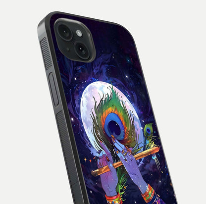 Krishna Hands Art Glass Case for iPhone 15 Plus close-up angled shot showing detailed hand design and shine