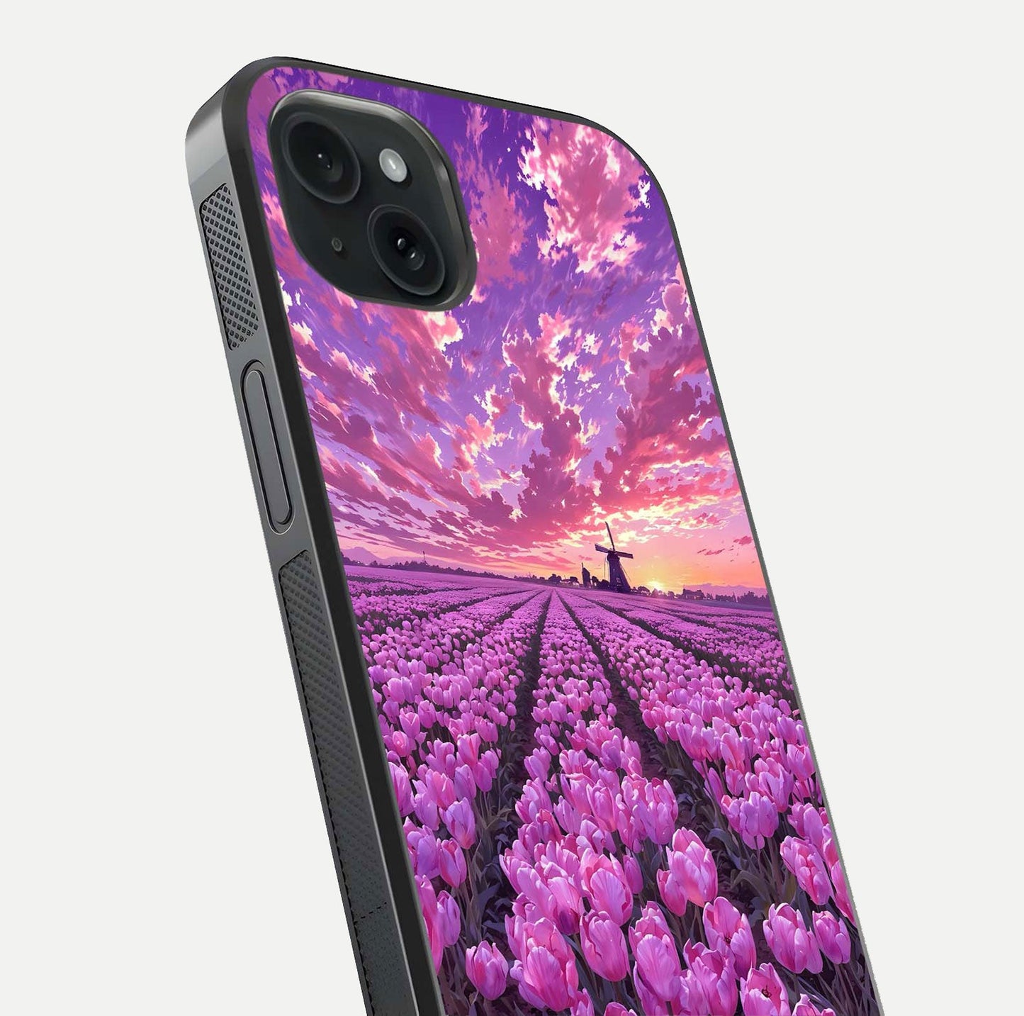 Lavender Dream Skies Glass Case for iPhone 15 Plus close-up angled shot showing purple hues and soft reflection