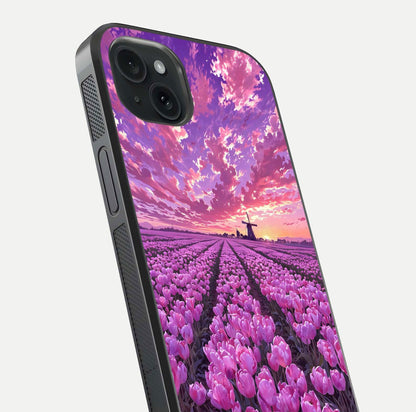 Lavender Dream Skies Glass Case for iPhone 15 Plus close-up angled shot showing purple hues and soft reflection