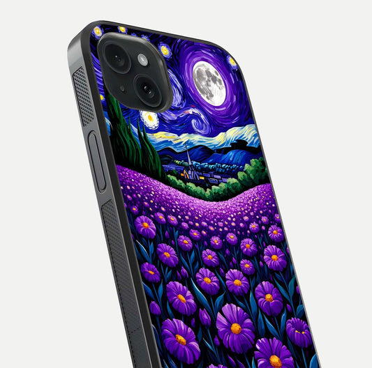 Lavender Moon Field Glass Case for iPhone 15 Plus close-up angled shot showing moon glow and purple detailing