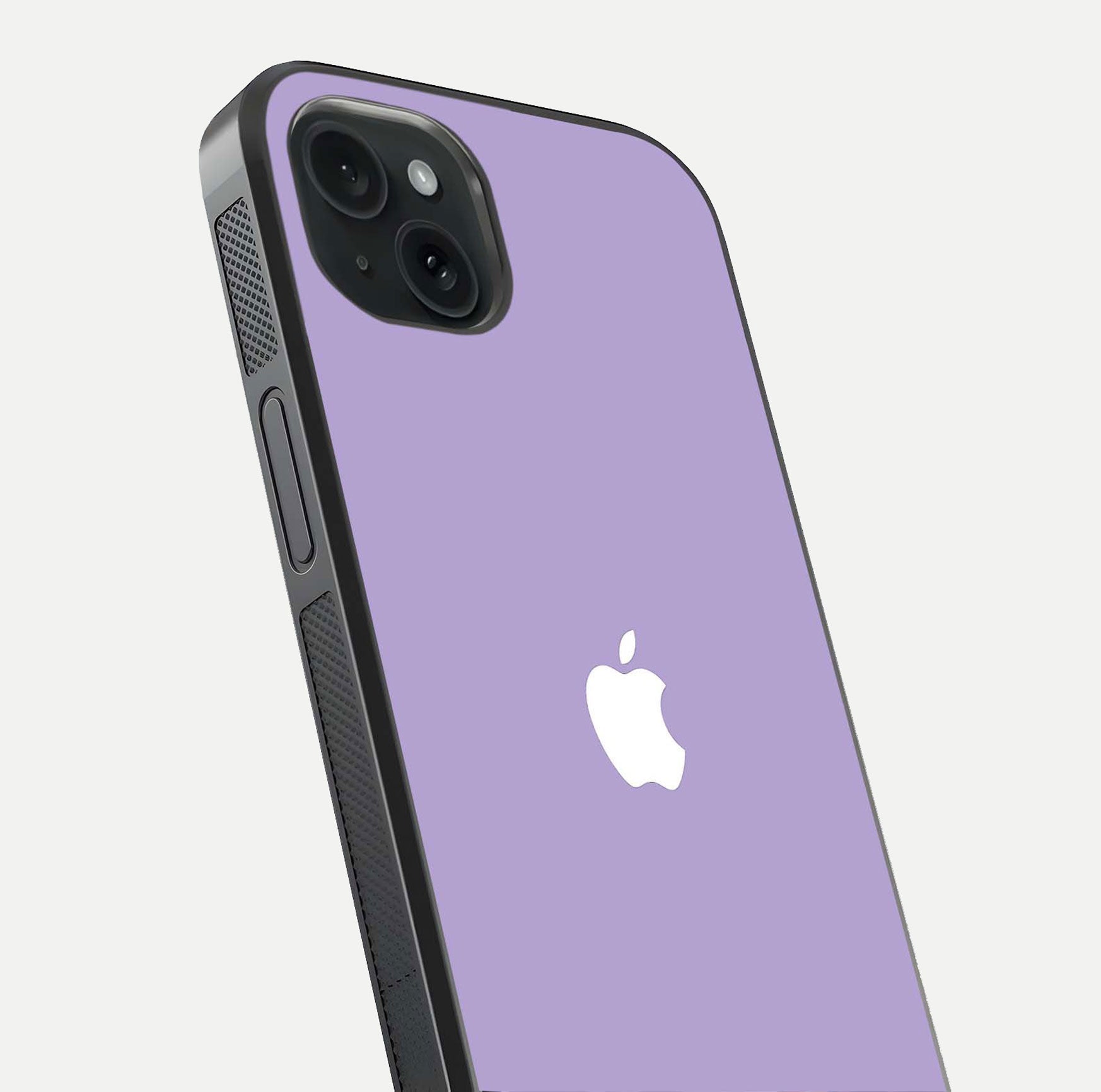 Lavender Soft Minimal Glass Case for iPhone 15 Plus close-up angled shot showing clean color texture and shine