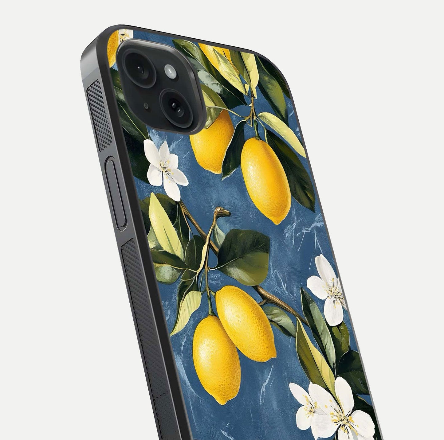 Lemon Dream Garden Glass Case for iPhone 15 Plus close-up angled shot showing fruit details and shine reflection