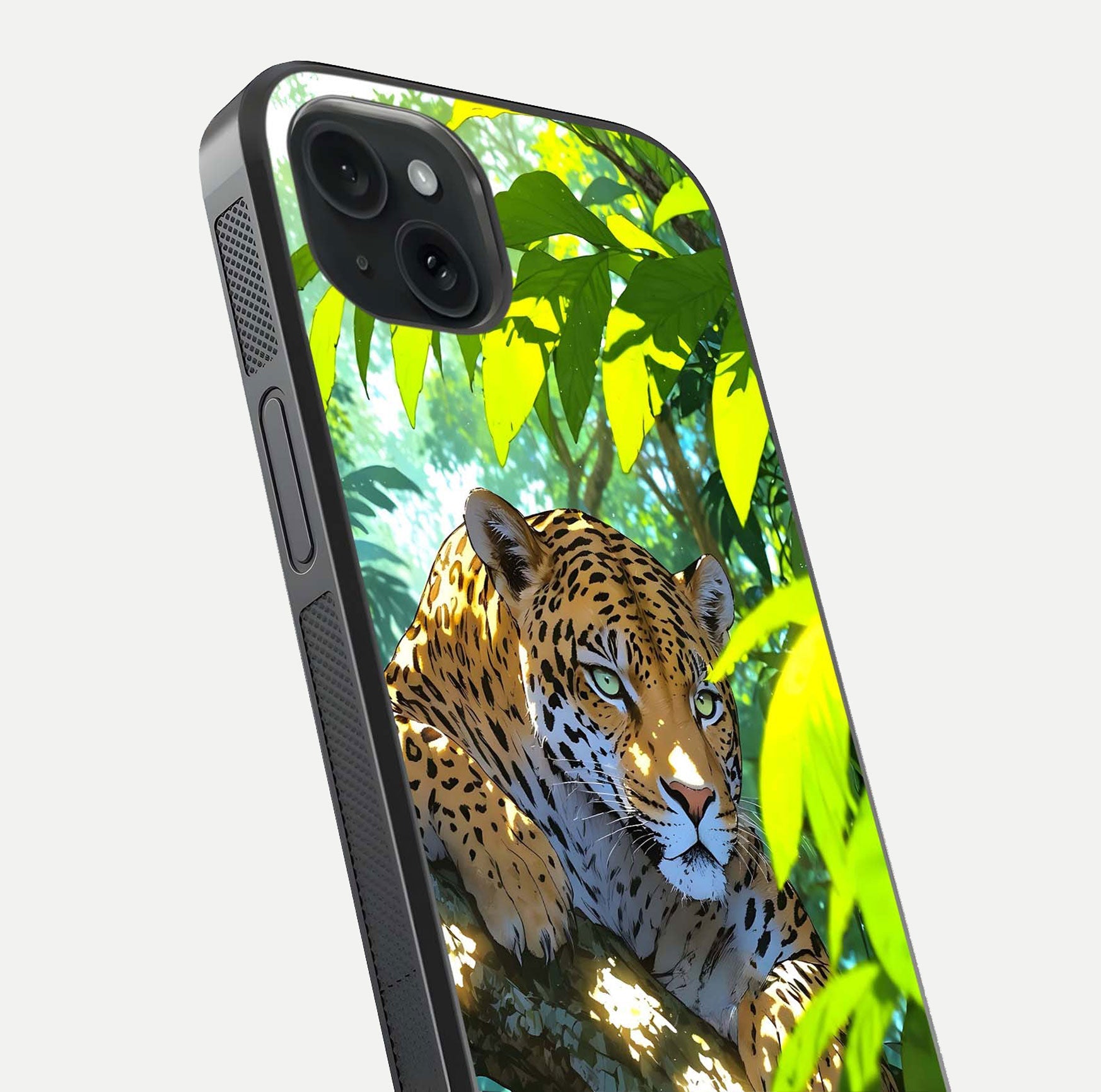 Leopard in Jungle Glass Case for iPhone 15 Plus angled close-up showing fur texture and glossy shine reflection