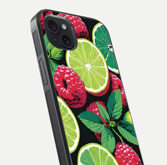 Lime and Raspberry Pattern Glass Case for iPhone 15 Plus angled close-up showing fruit texture and reflection glow