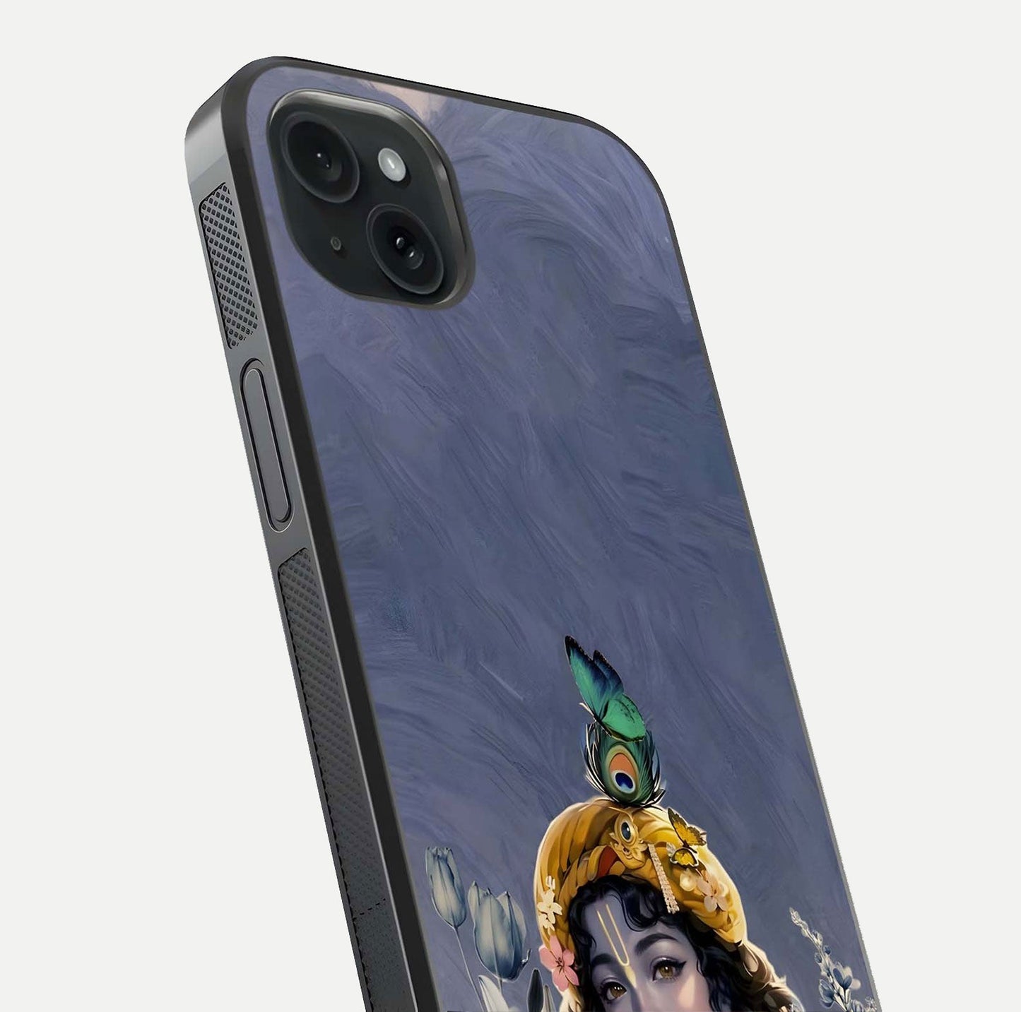 Lord Krishna Glass Case for iPhone 15 Plus angled close-up showing intricate flute and reflection details