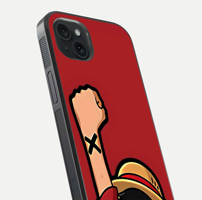 Luffy X Spirit Glass Case for iPhone 15 Plus close-up angled shot showing character detailing and gloss texture