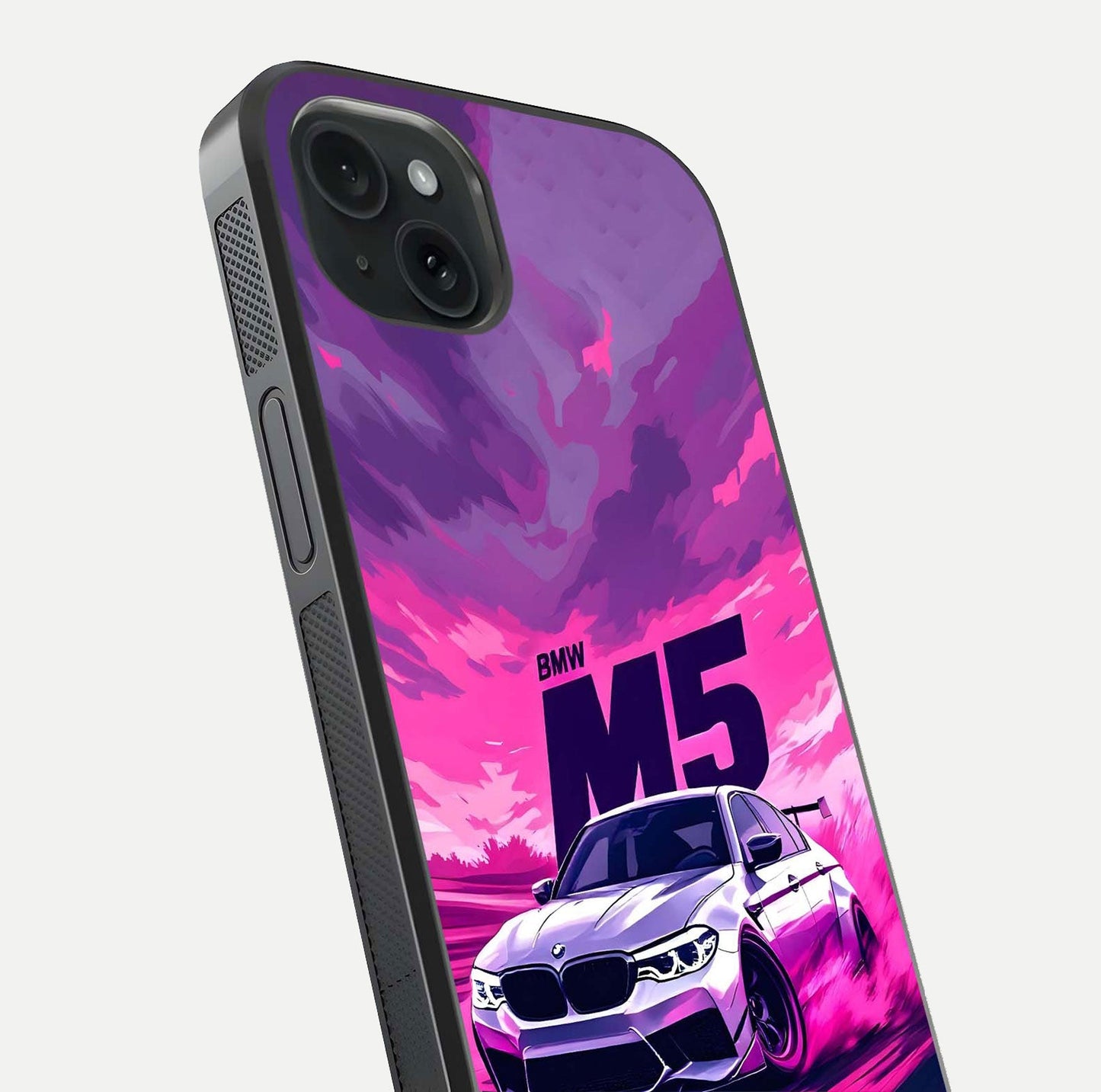 MS Neon Car Glass Case for iPhone 15 Plus close-up angled shot showing vivid neon reflections and shine