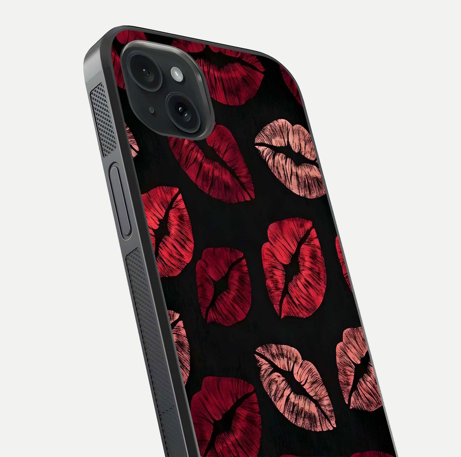 Midnight Kiss Love Glass Case for iPhone 15 Plus close-up angle highlighting red accents and reflection shine