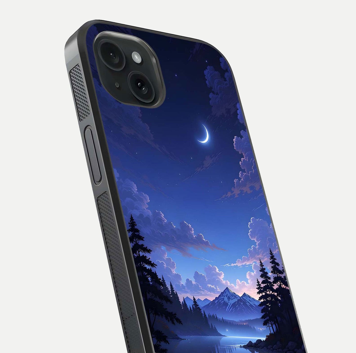 Midnight Lake Peace Glass Case for iPhone 15 Plus close-up angled shot showing blue night tones and reflection