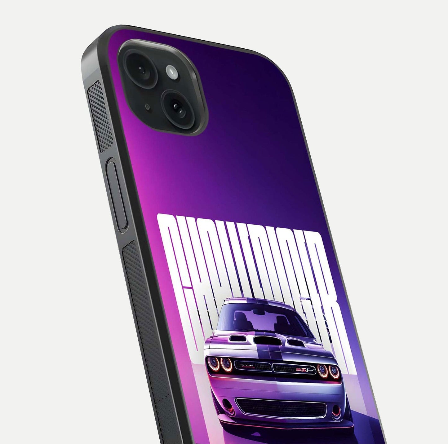 Midnight Muscle Ride Glass Case for iPhone 15 Plus close-up angled shot showing HD reflections and car details