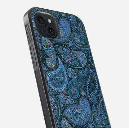 Midnight Paisley Glow Glass Case for iPhone 15 Plus close-up angled shot showing floral details and gloss texture