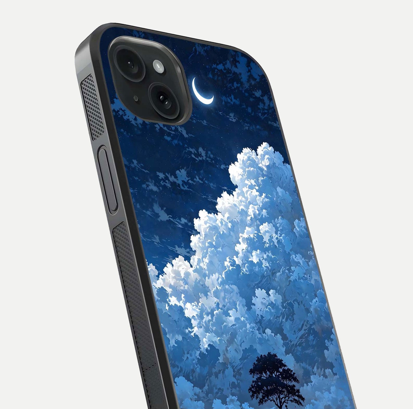 Midnight Sky Serenity Glass Case for iPhone 15 Plus close-up angled shot showing starlit tones and reflection
