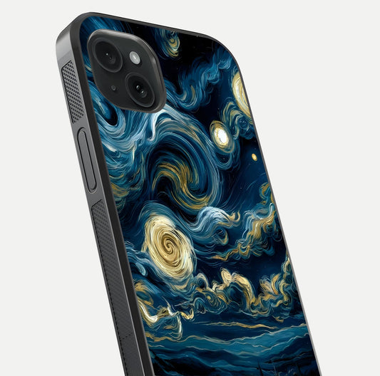 Midnight Sky Whirl Glass Case for iPhone 15 Plus close-up angle showing spiral design and HD gloss reflection