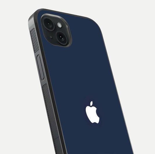 Minimal Apple Night Glass Case for iPhone 15 Plus close-up angled shot showing clean reflection and soft tone