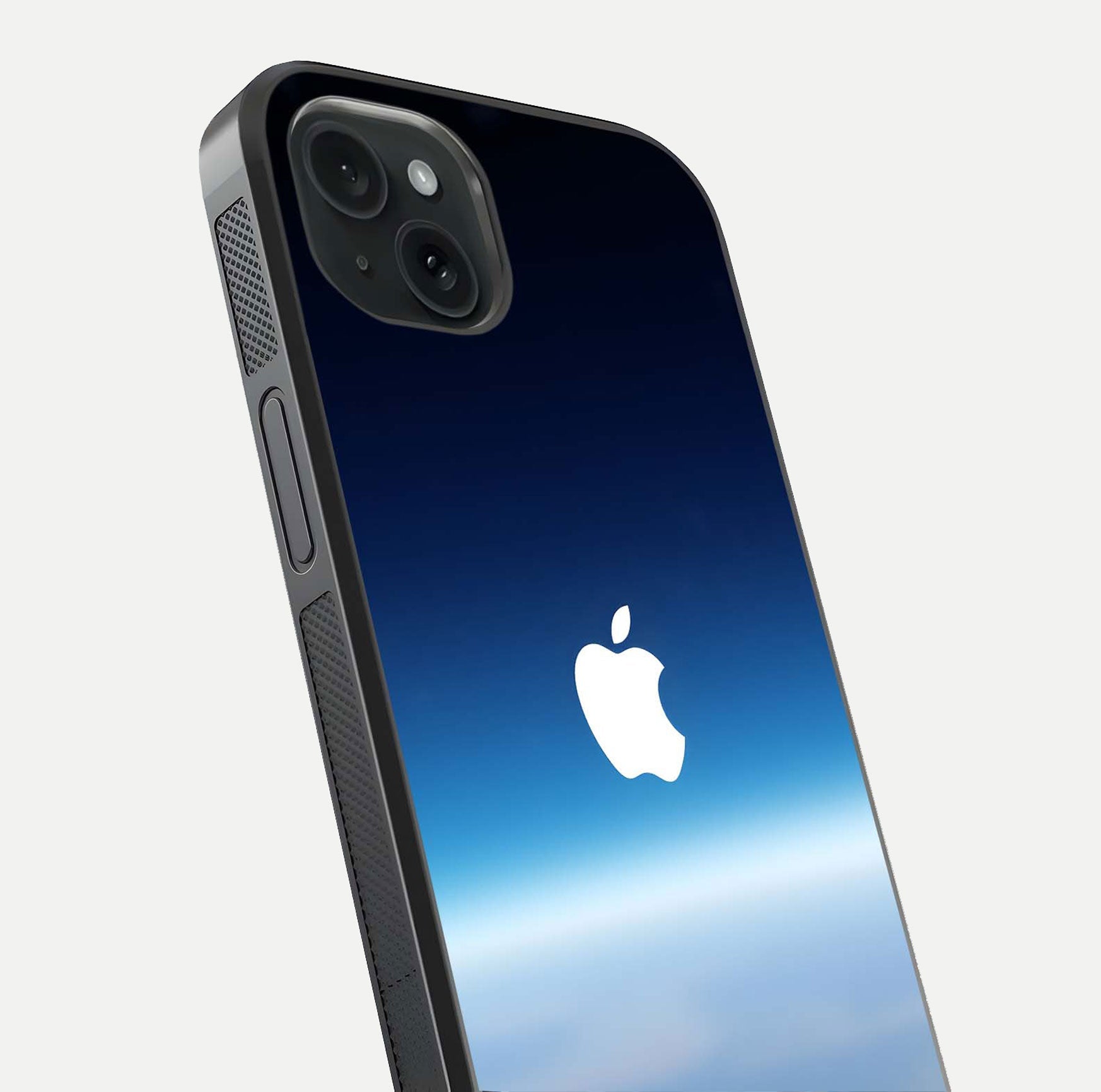 Minimal Apple Sky Glass Case for iPhone 15 Plus close-up angled shot showing pastel blue hues and reflection