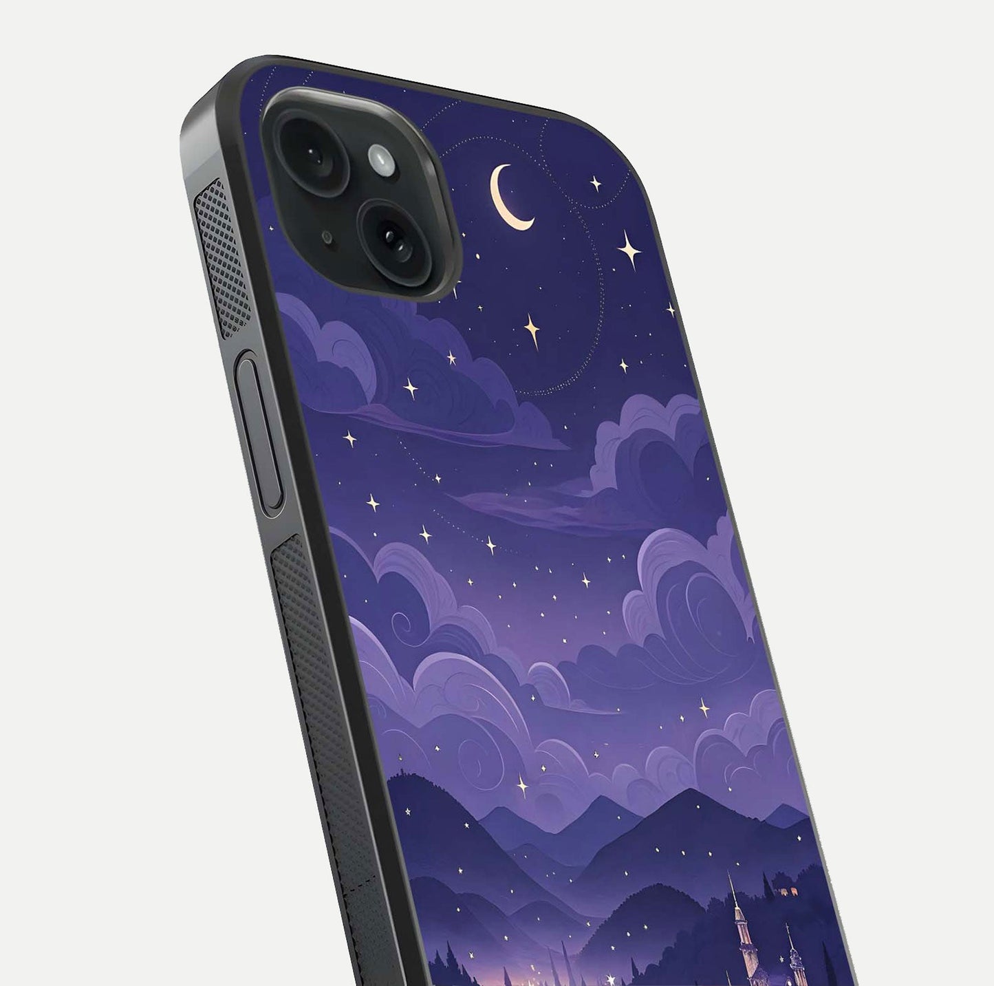 Minimal Night View Glass Case for iPhone 15 Plus close-up angled shot showing lights reflection and dark tone details