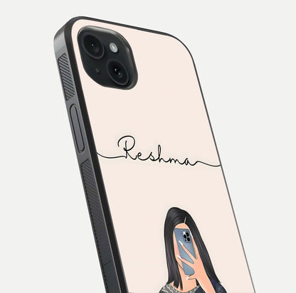 Mirror Mood Muse Custom Name Glass Case for iPhone 15 Plus close-up angled shot highlighting gloss and mirror depth