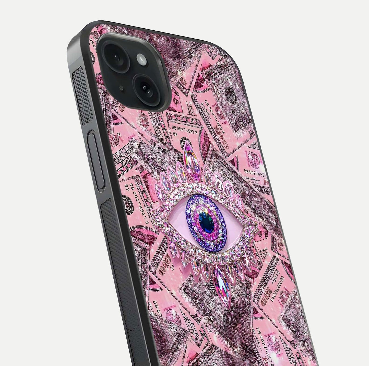 Money Eye Luxe Glass Case for iPhone 15 Plus close-up angled shot showing gold detailing and reflection shine