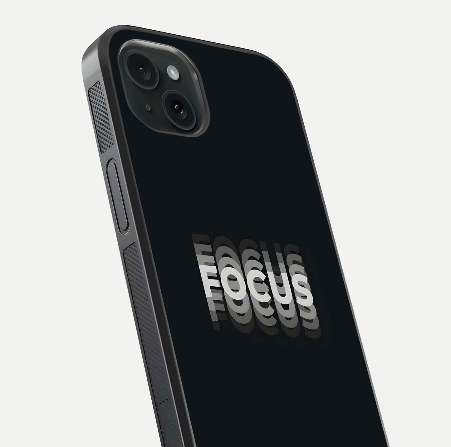 Mono Focus Vision Glass Case for iPhone 15 Plus close-up angled shot highlighting minimal contrast and reflection