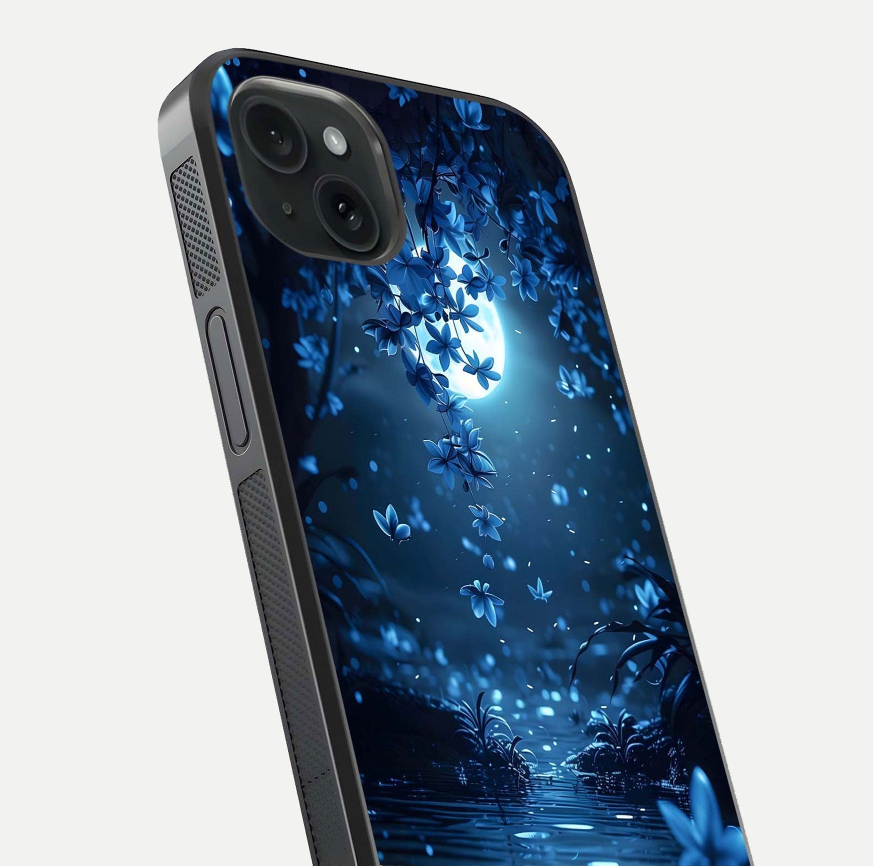 Moonlight Petal Dream Glass Case for iPhone 15 Plus close-up angled shot showing petal reflection and glow texture