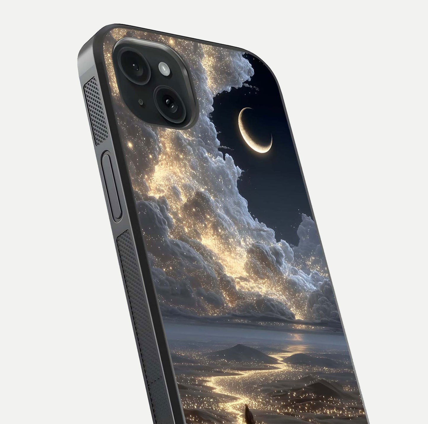 Moonlight Spark Path Glass Case for iPhone 15 Plus close-up angled shot showing glowing stars and reflection