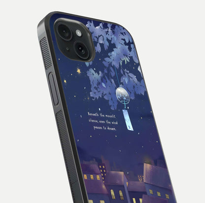 Moonlit Cat Silence Glass Case for iPhone 15 Plus close-up angled shot showing soft glow and reflection texture