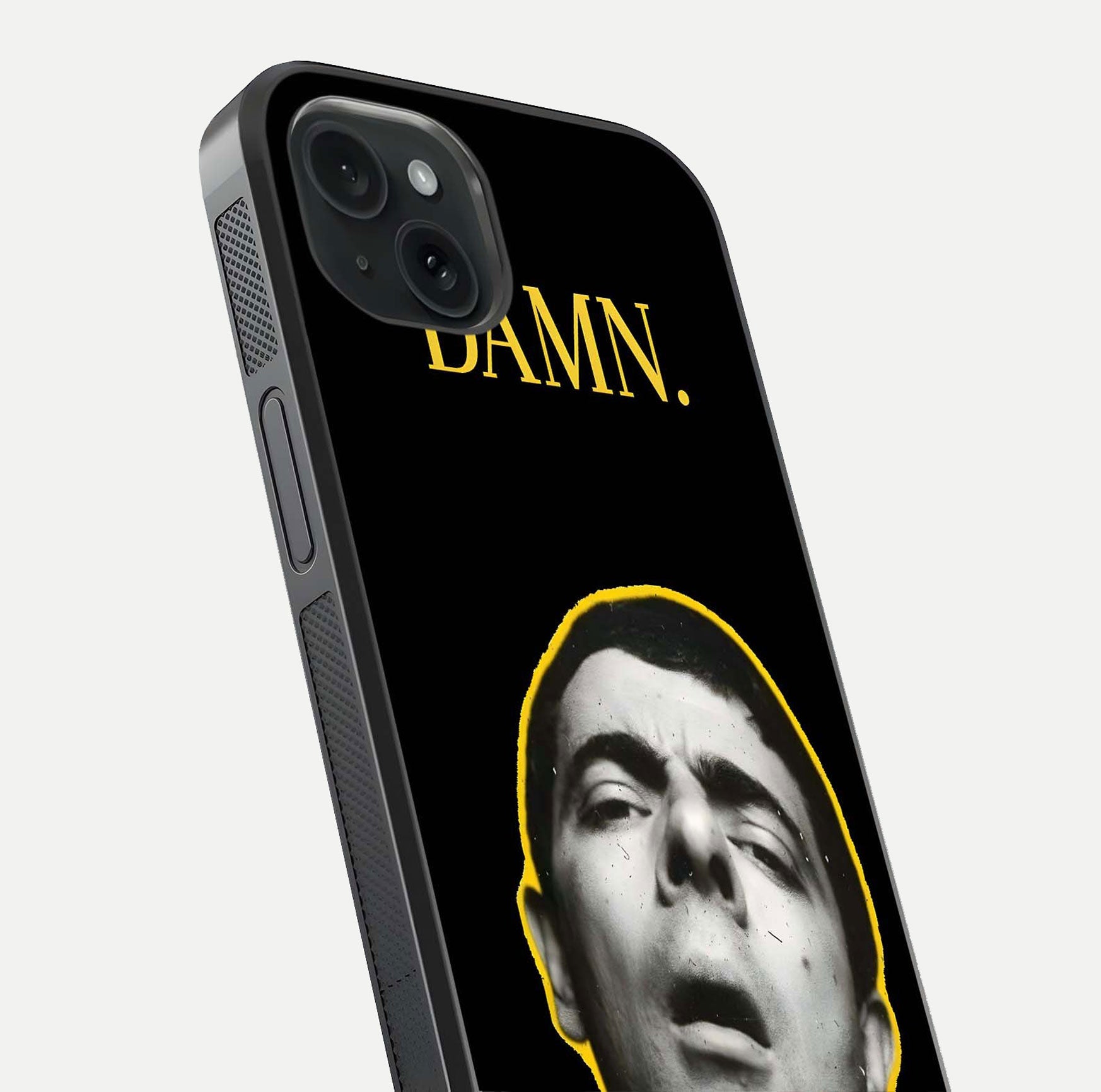 Mr Bean Damn Glass Case for iPhone 15 Plus close-up angled shot highlighting comic expression and shine detail