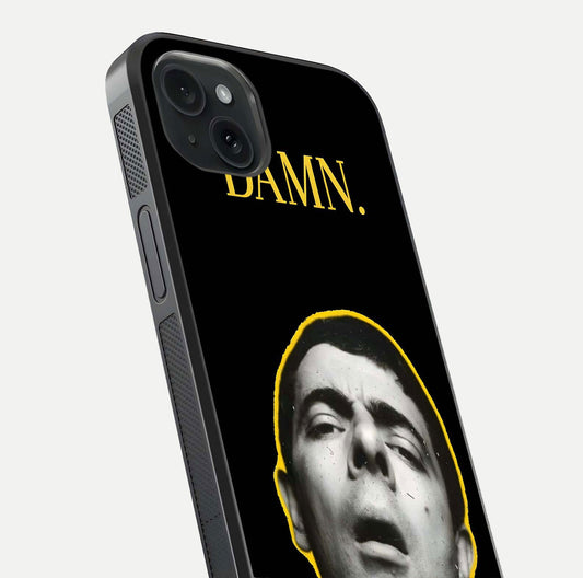 Mr Bean Damn Glass Case for iPhone 15 Plus close-up angled shot highlighting comic expression and shine detail