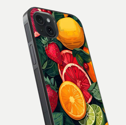 Multiple Fruits Glass Case for iPhone 15 Plus close-up angled shot showing fruit texture and HD gloss shine