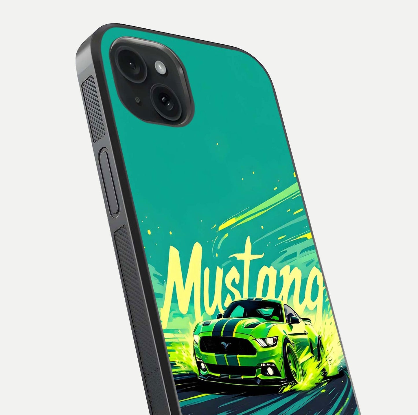 Mustang Bang Glass Case for iPhone 15 Plus close-up angled shot showing car emblem and HD reflection