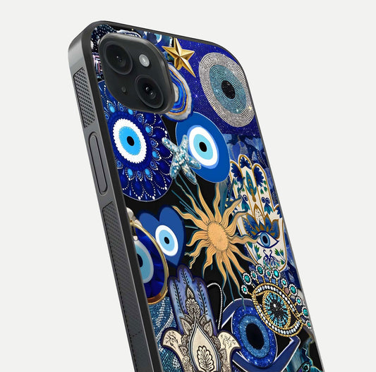 Mystic Blue Evil Eye Glass Case for iPhone 15 Plus close-up angled shot highlighting mystical glow and HD reflection