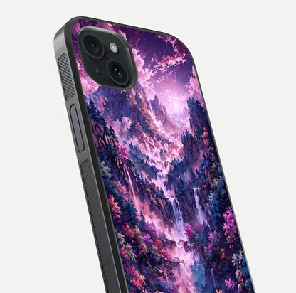 Mystic Cascade Peaks Glass Case for iPhone 15 Plus close-up angled shot showing peak reflections and color gradient