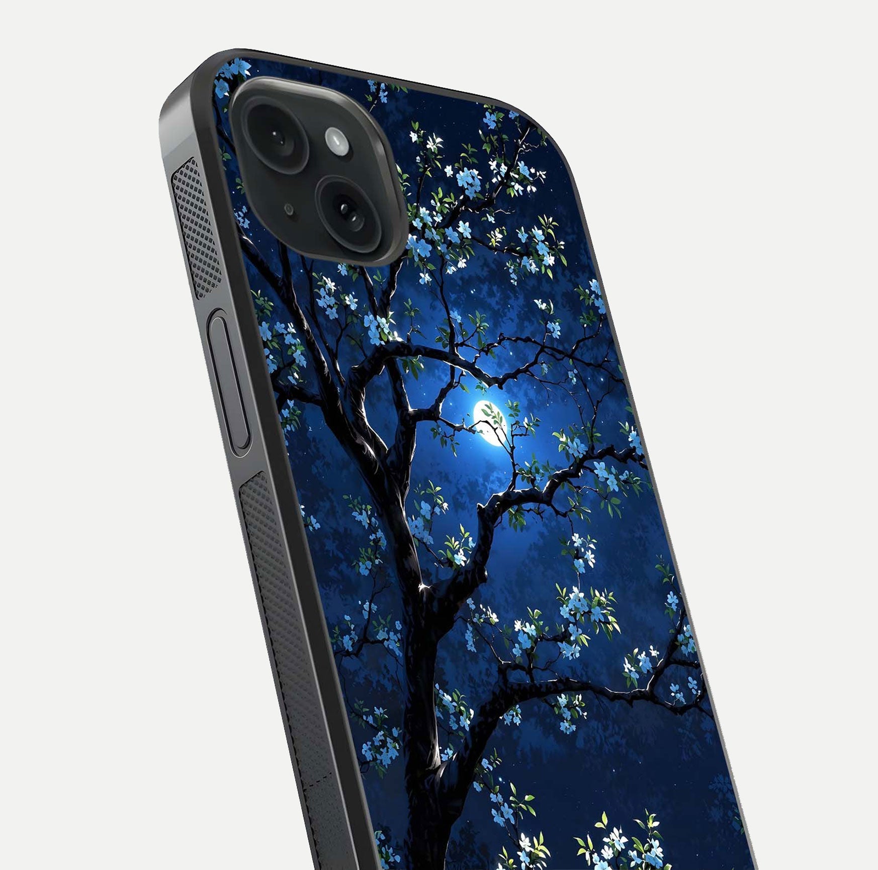 Mystic Floral Night Glass Case for iPhone 15 Plus close-up angled shot highlighting petal detail and HD reflection
