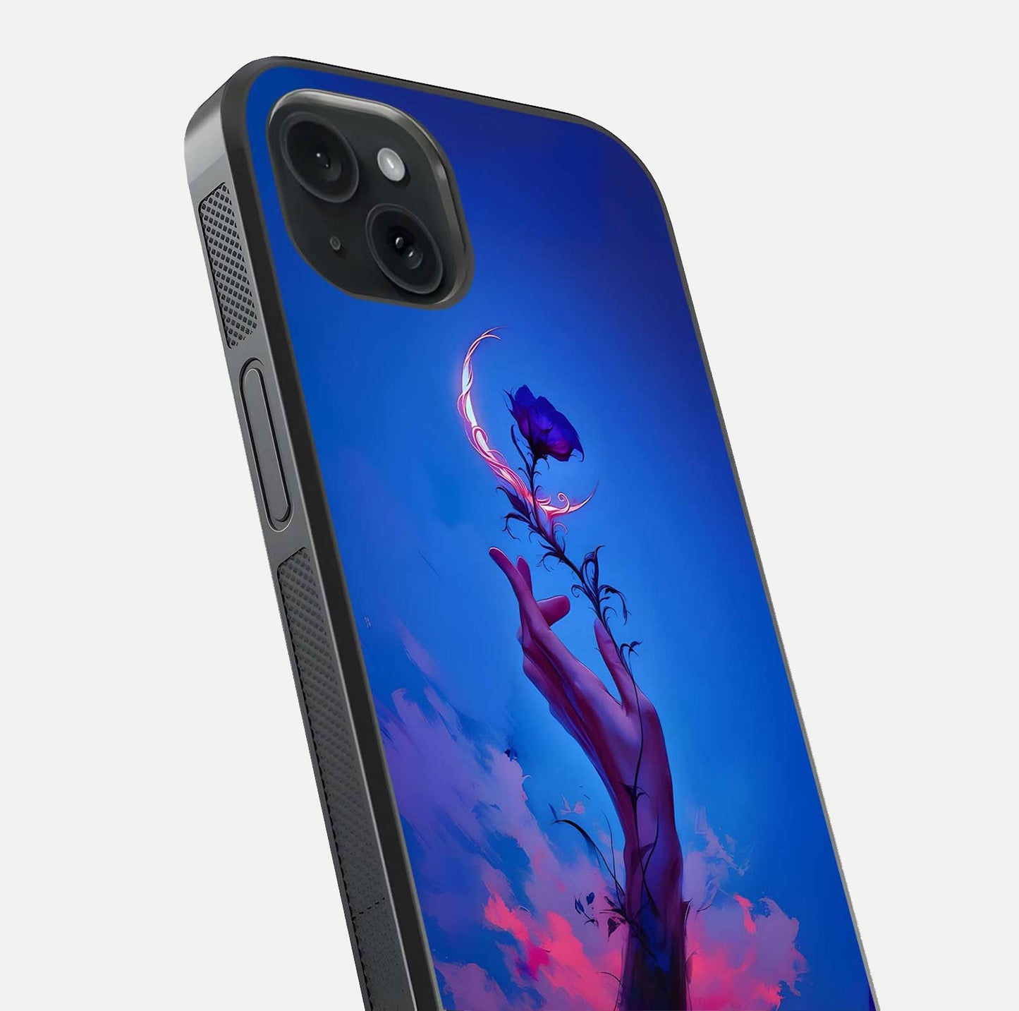 Mystic Hand Glass Case for iPhone 15 Plus close-up angled shot showing spiritual markings and reflection