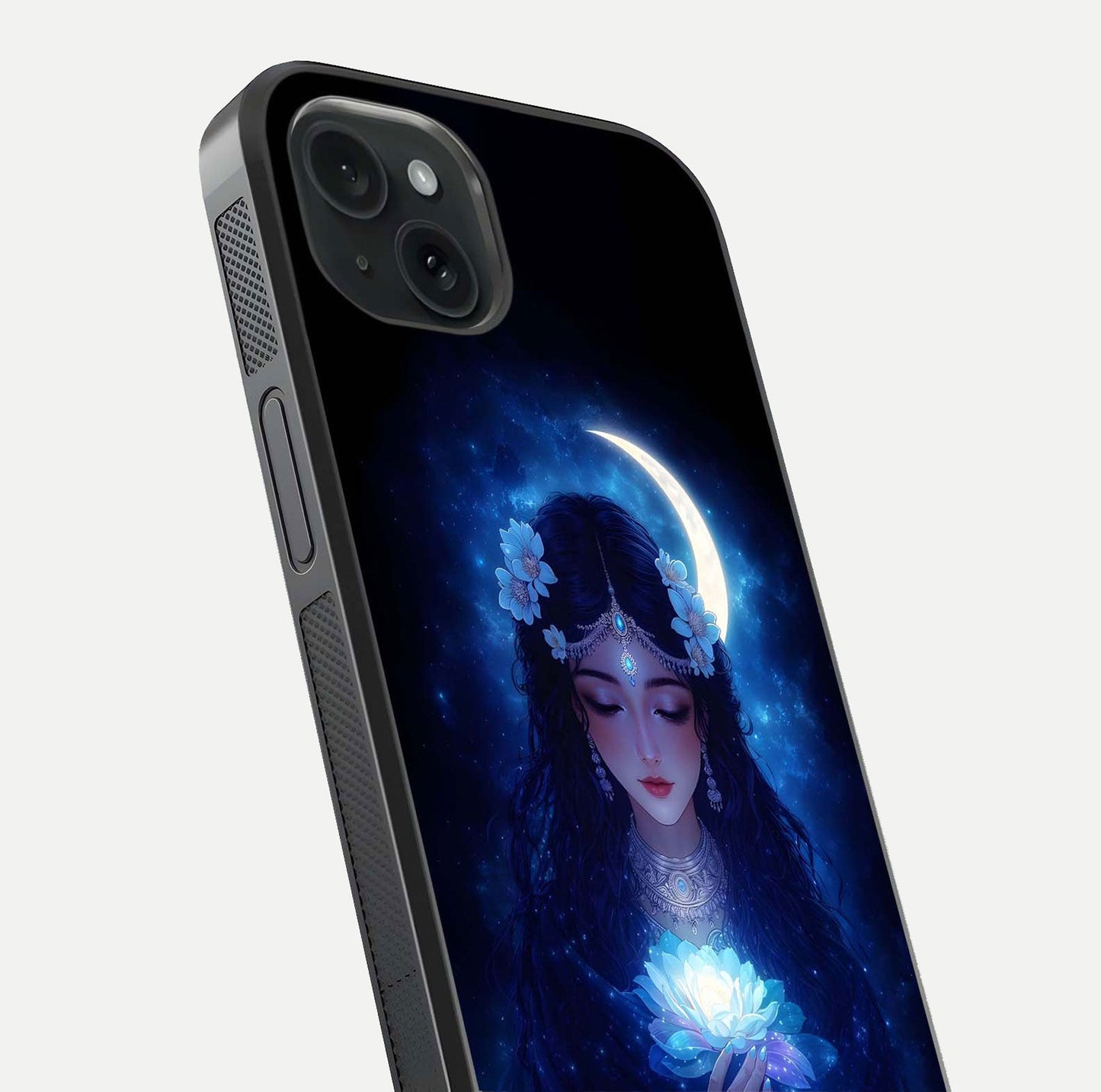 Mystic Moon Queen Glass Case for iPhone 15 Plus close-up angled shot showing shine and lunar tones