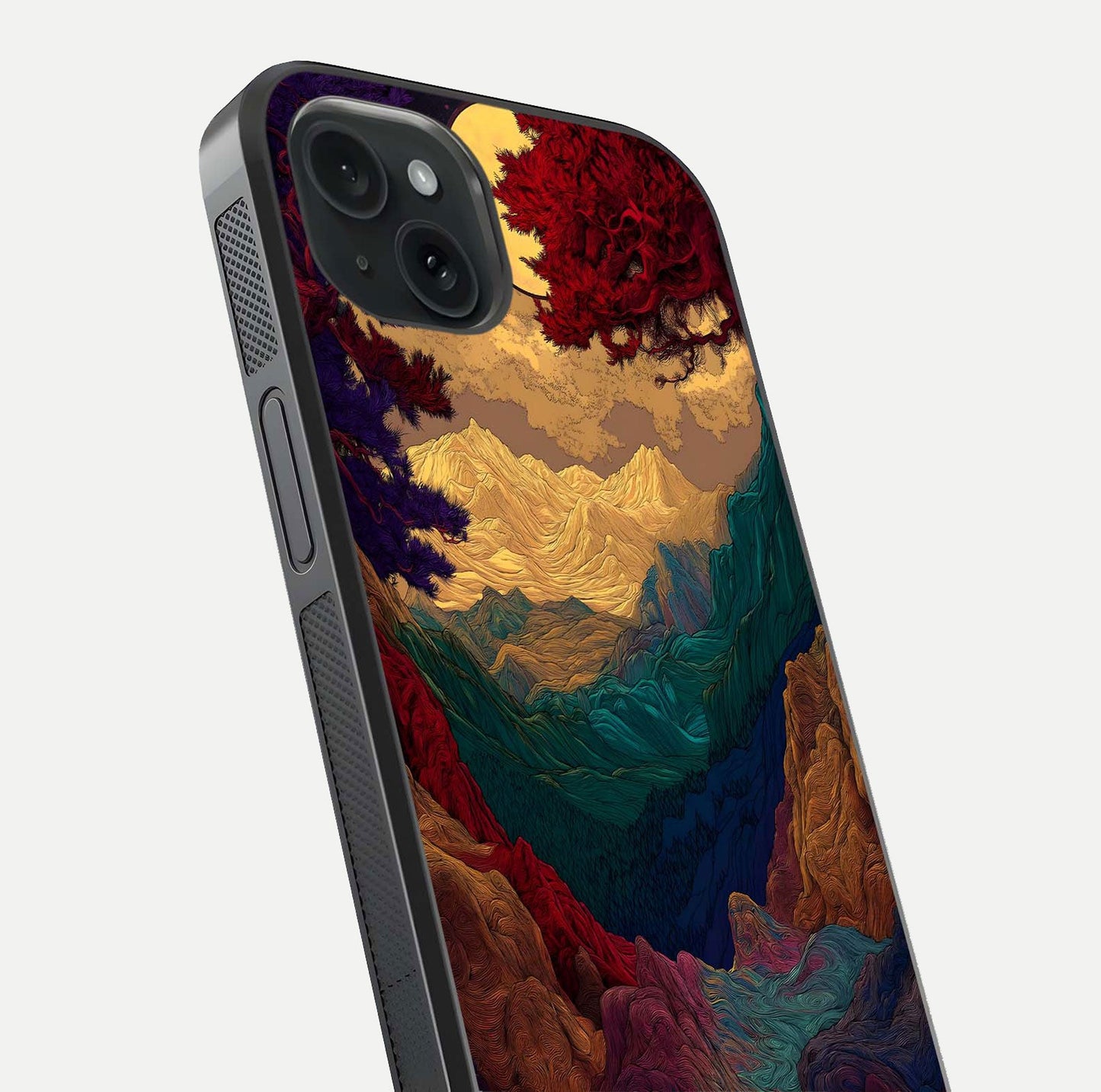 Mystic Valley Light Glass Case for iPhone 15 Plus close-up angled shot highlighting gradient sky and reflection