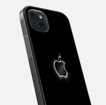 Neon Apple Glow Glass Case for iPhone 15 Plus close-up angled shot highlighting neon reflection and color pop