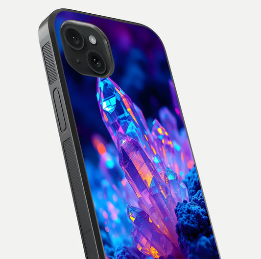 Neon Aura Shards Glass Case for iPhone 15 Plus close-up angled shot highlighting fragment pattern and reflection