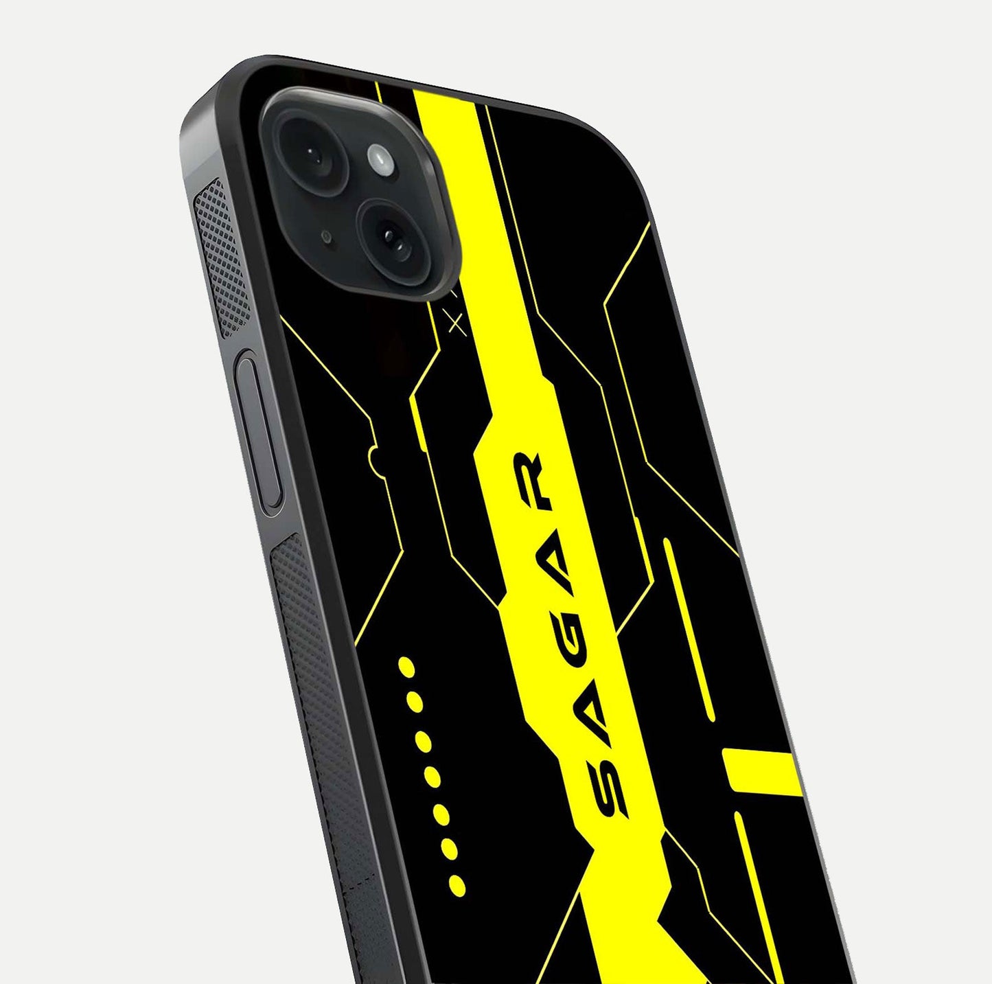 Neon CYBERPUNK Custom Name Glass Case for iPhone 15 Plus close-up angled shot highlighting electric colors and reflection