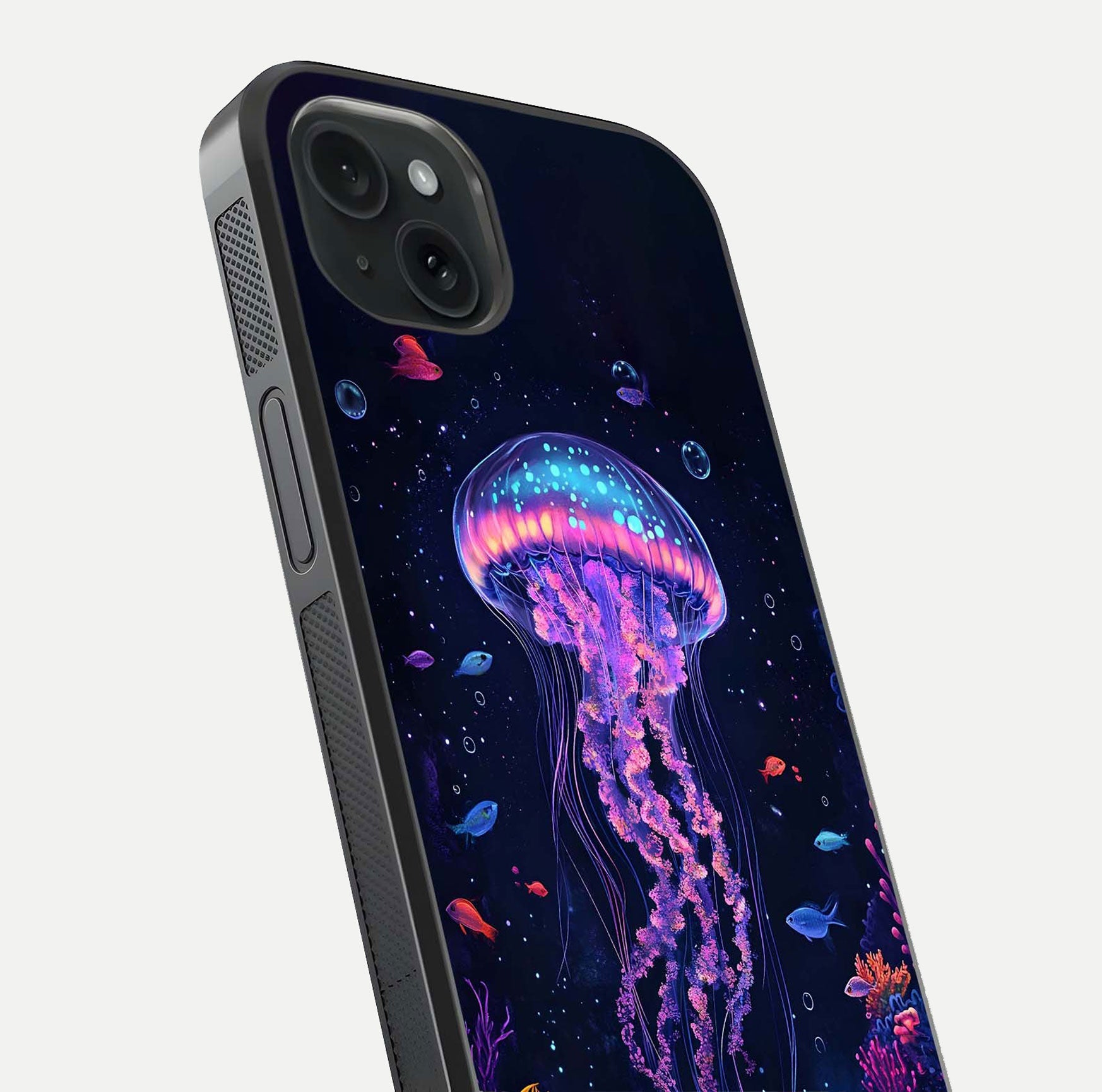 Neon Jellyfish Glass Case for iPhone 15 Plus close-up angled shot showing translucent jellyfish and shine reflection