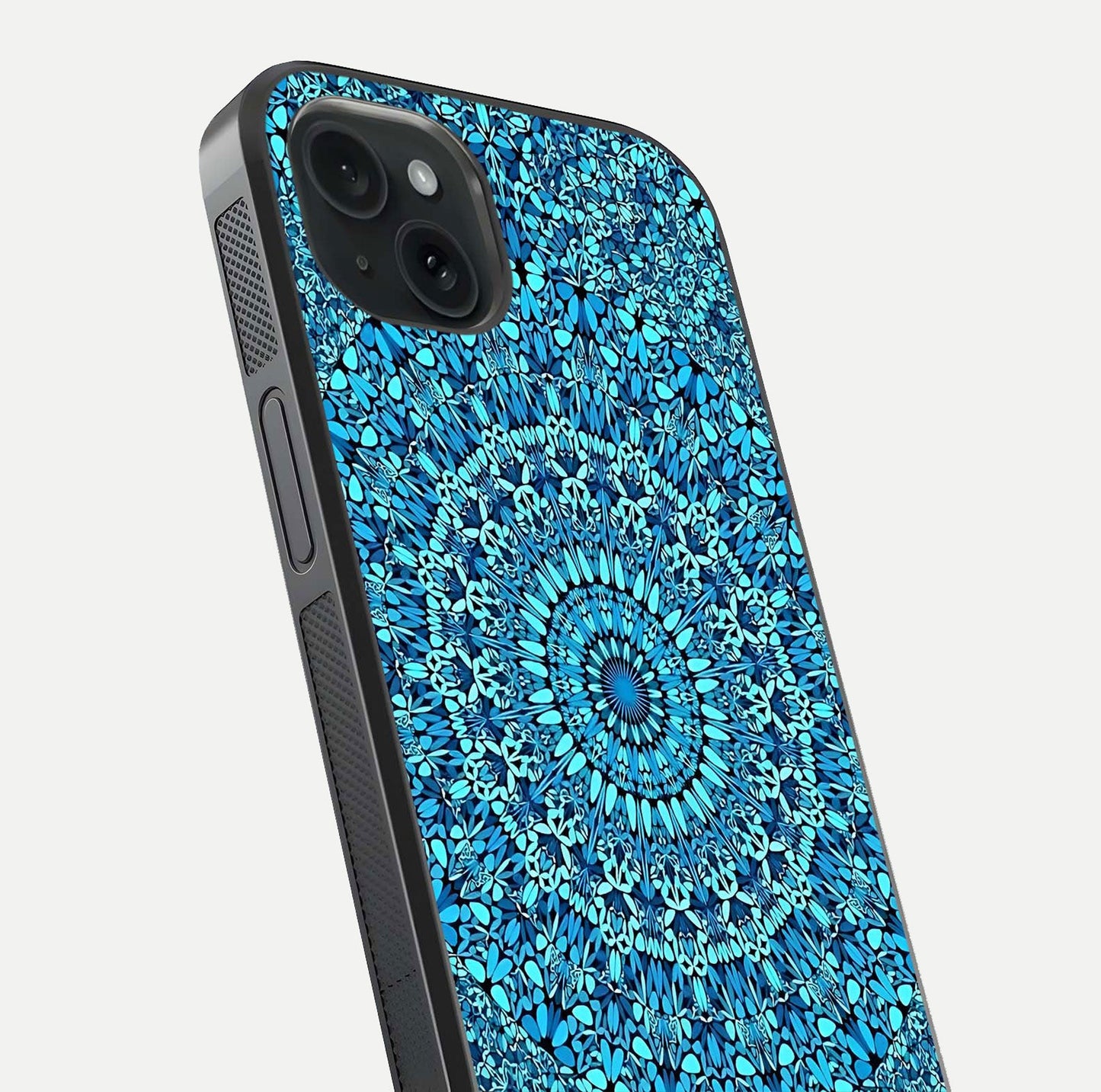 Ocean Bloom Mandala Glass Case for iPhone 15 Plus close-up angled shot highlighting detailed mandala and reflection
