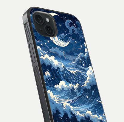 Ocean Moon Waves Glass Case for iPhone 15 Plus close-up angled shot showing HD reflection and calm tones
