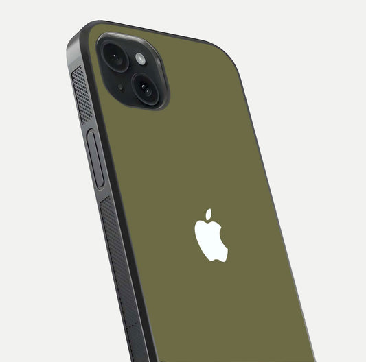 Olive Matte Essence Glass Case for iPhone 15 Plus close-up angled shot showing soft reflection and minimal finish