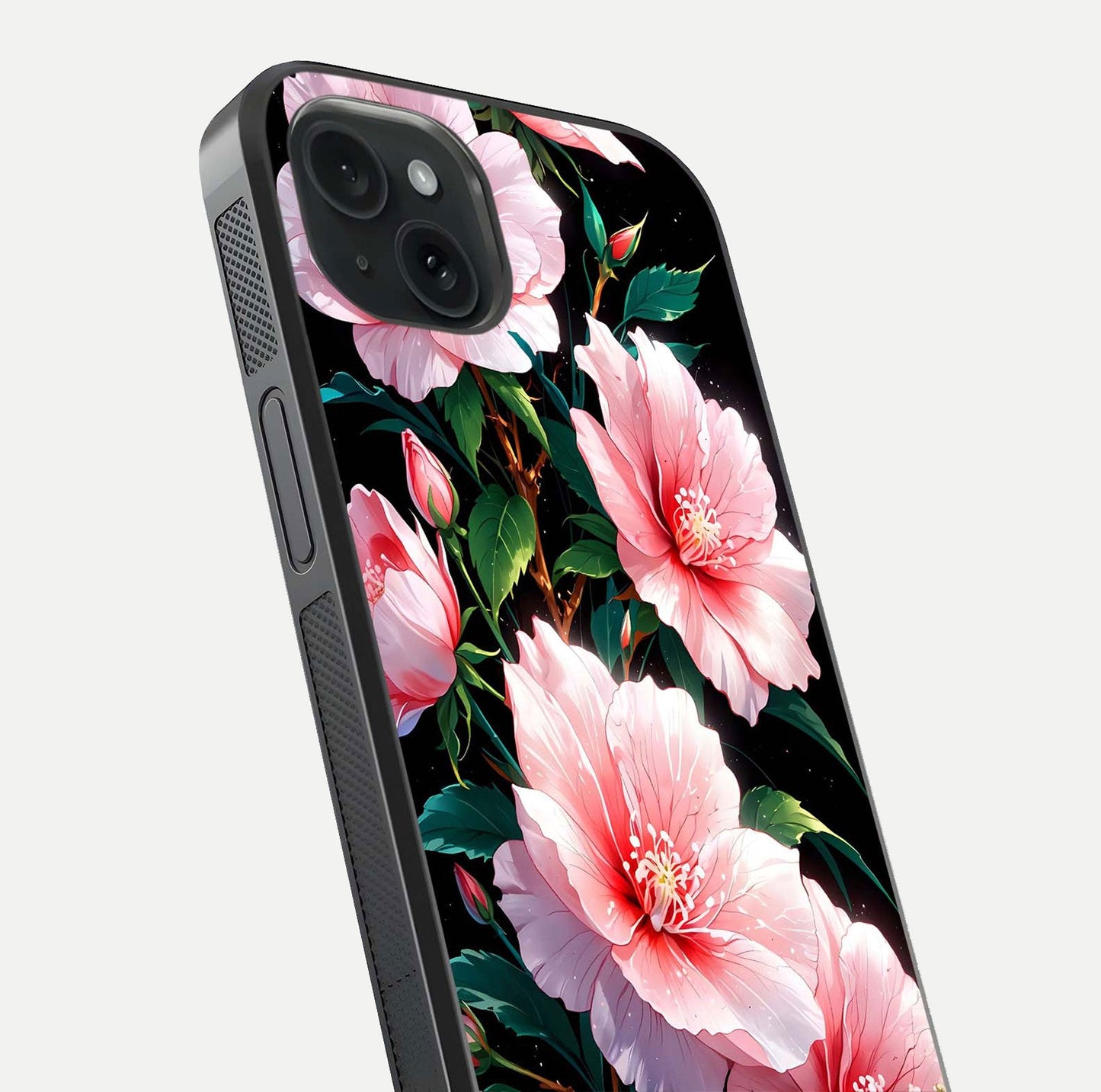 Peach Flower Glass Case for iPhone 15 Plus close-up angled shot highlighting floral petals and HD glass reflection