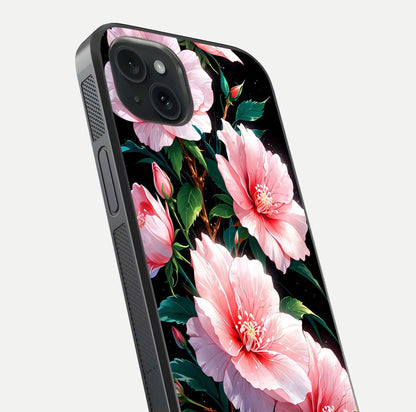 Peach Flower Glass Case for iPhone 15 Plus close-up angled shot highlighting floral petals and HD glass reflection
