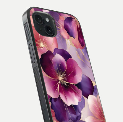 Pink Bouquet Florals Glass Case for iPhone 15 Plus close-up angled shot showing bouquet details and reflection